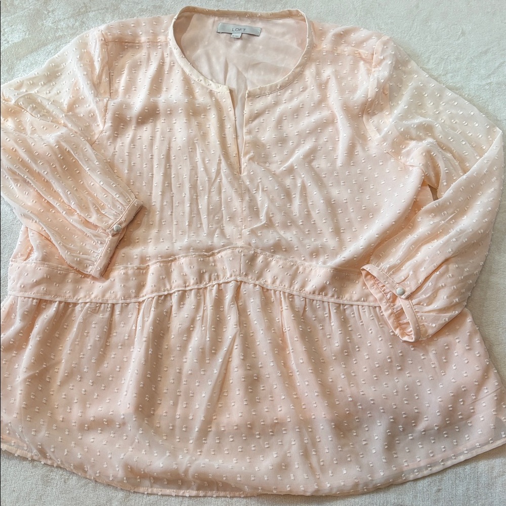LOFT Swiss Dot Pink Top Womens Size XL Lined Sheer Sleeves Pink Christmas